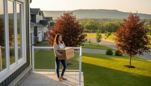 Homeowner holding a moving box on the front porch of a Milton, Ontario house with the Niagara Escarpment visible in the background
