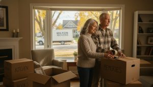 Mature couple packing moving boxes in a bright Milton home, showing mixed emotions of sadness and relief.