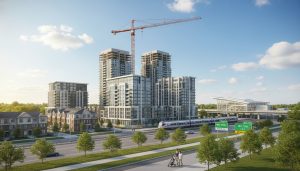 Pre-construction condo development in Milton Ontario with nearby GO station and commuter in foreground