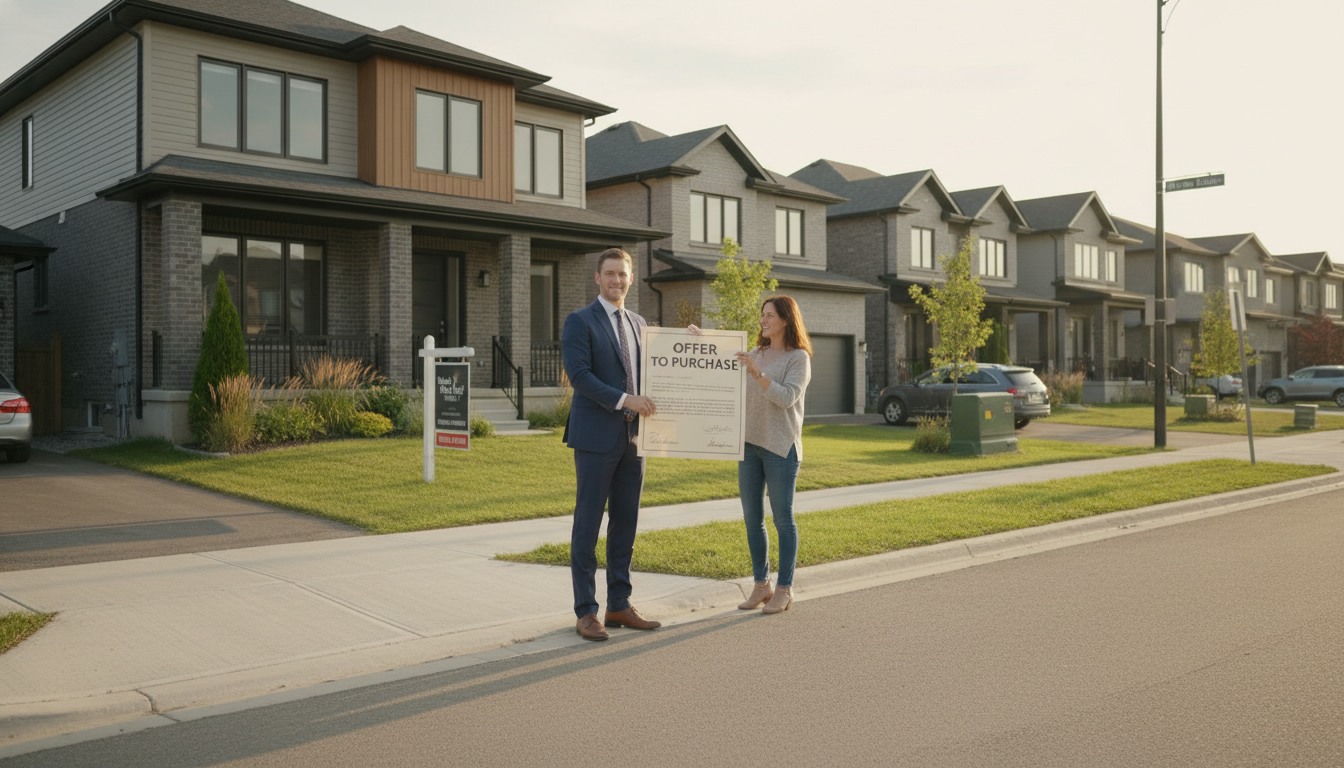 Real estate agent presenting a bold offer to a homeowner in Milton, Ontario in front of a house.
