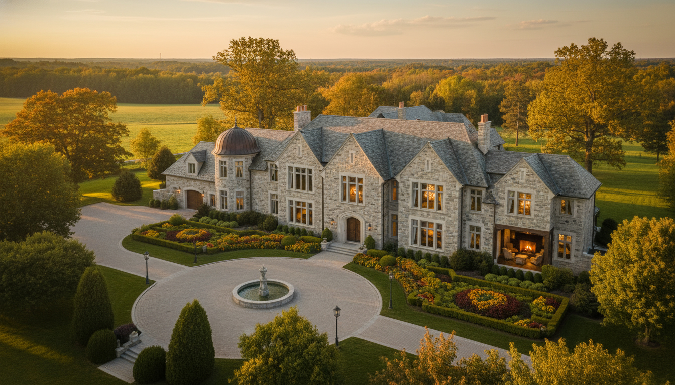 Luxurious stone estate home in Milton, Ontario with manicured grounds and drone view of acreage