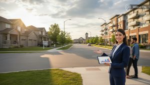 Realtor showing a Milton, Ontario house with a For Rent sign near a GO Transit station, illustrating rental potential and investment property.