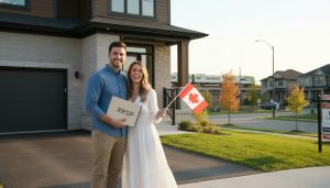 Young couple in front of a modern Milton Ontario home with RRSP documents and GO Train in background