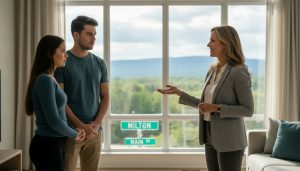 Realtor advising a stressed couple in a Milton, Ontario home with Escarpment visible through the window.