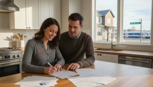 Young couple signing mortgage documents in home kitchen with Milton, Ontario neighborhood visible through window and CMHC document on table.