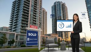 Modern condo buildings with sold sign and realtor reviewing market stats on tablet indicating Days on Market and timeline