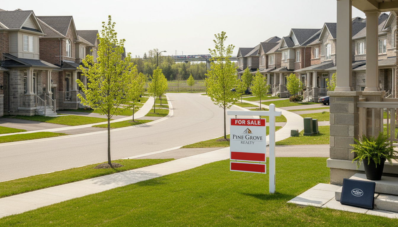 For Sale sign in front of a Milton, Ontario home with agent folder and suburban neighborhood in background