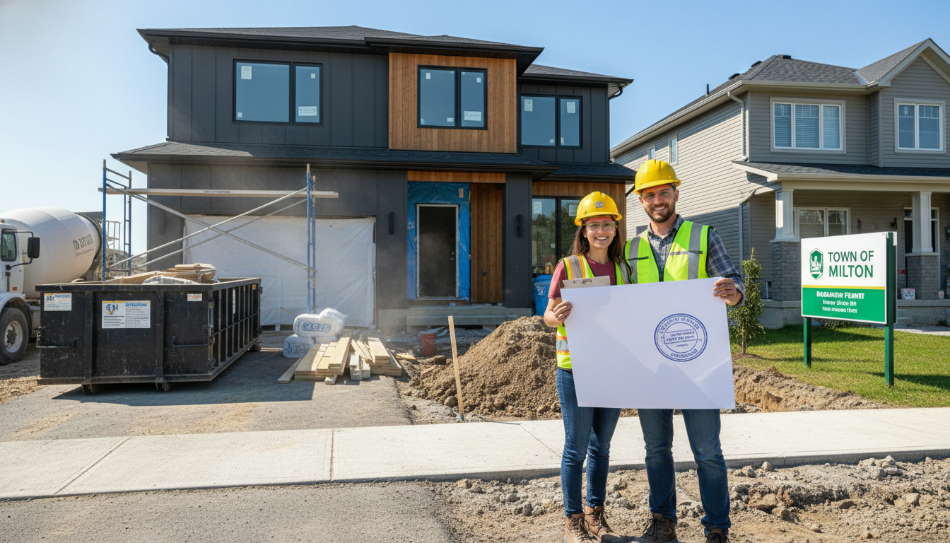 Contractor and homeowner reviewing building permit documents in front of a Milton, Ontario house under renovation