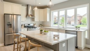 Staged modern kitchen with quartz countertops, island, and view of a suburban Milton neighbourhood through windows
