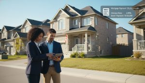 Real estate agent showing mortgage calculations on a tablet to buyers in a Milton, Ontario neighbourhood