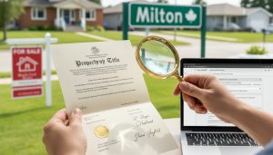 Milton homeowner checking property title with deed, magnifying glass, and OnLand search on laptop