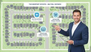 Aerial view of a Milton neighborhood with icons for hospital, school, and grocery store and a realtor pointing to a neighborhood map.