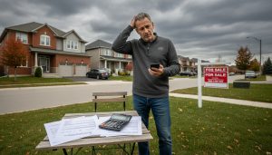 Worried Milton homeowner outside house with For Sale sign and mortgage payoff papers on a table