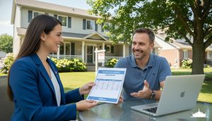 Real estate agent handing home insurance quote summary to homeowner in front of a Milton, Ontario house with laptop showing insurance comparisons.