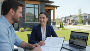 Realtor reviewing sale documents with homeowner in front of a Milton home