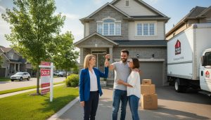 Real estate agent handing keys to buyers beside a 'Sold' sign and moving boxes in a Milton, Ontario home driveway