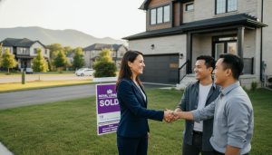 Milton Ontario home sale handshake in front of sold sign with local suburban background