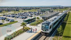 Milton GO Station with train, park-and-ride cars, local bus, and walking commuters illustrating public transit access in Milton, Ontario