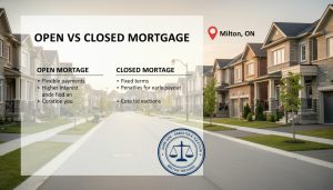 Milton neighbourhood with mortgage document overlay titled 'Open vs Closed Mortgage' and lawyer's stamp, map pin Milton ON