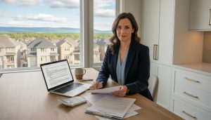 Realtor negotiating seller concessions with homeowners at a kitchen table in Milton, Ontario showing contract on laptop and neighbourhood visible outside.