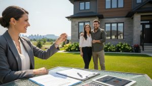 Realtor handing keys to couple outside a Milton, Ontario home with mortgage paperwork and calculator on a table