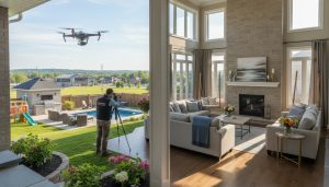 Professional photographer shooting a staged Milton, Ontario family home interior with drone capturing exterior yard