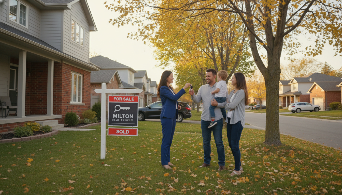 Realtor handing keys to homeowner outside a Milton, Ontario house-for-sale sign with a family member nearby