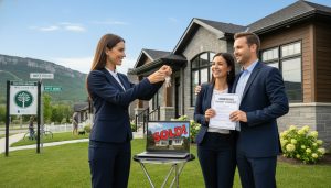 Realtor handing keys to a couple in front of a sold Milton home with mortgage documents visible