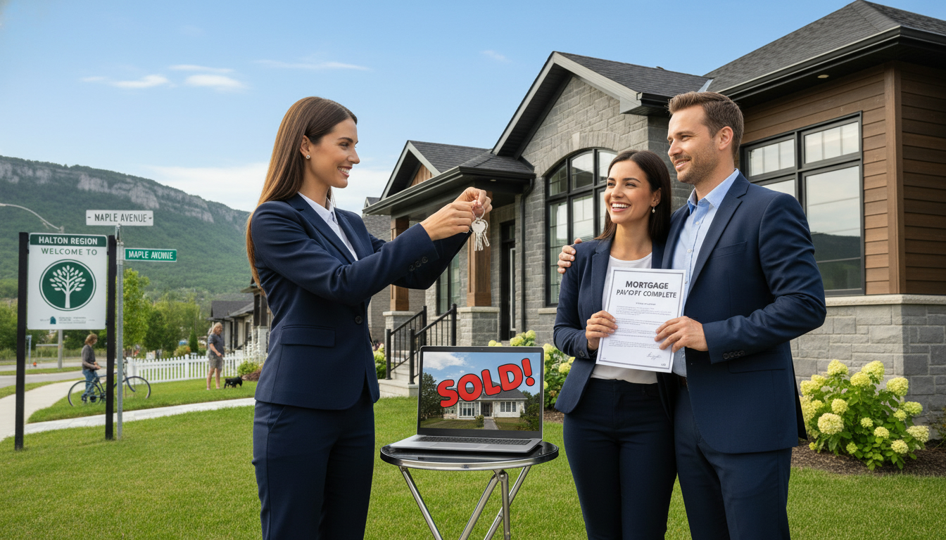 Realtor handing keys to a couple in front of a sold Milton home with mortgage documents visible