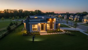 Twilight exterior professional real estate photo of a modern Milton, Ontario home with photographer and drone perspective