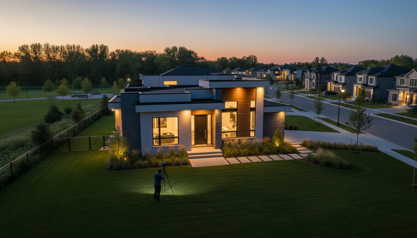 Twilight exterior professional real estate photo of a modern Milton, Ontario home with photographer and drone perspective