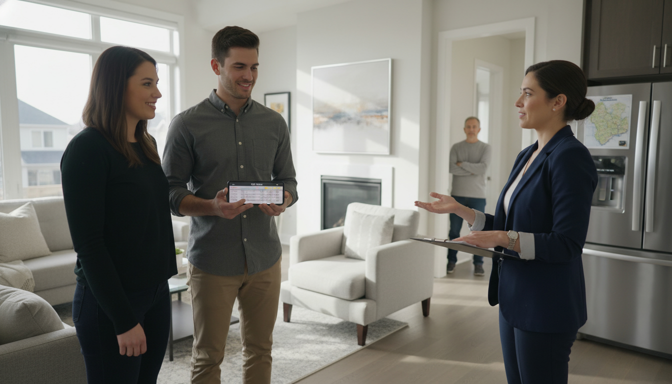 Homeowner quietly watching a real estate showing in a staged Milton, Ontario living room
