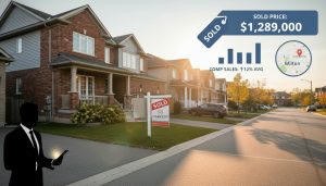 Milton Ontario suburban home with sold sign, MLS comparable sales chart overlay and agent with tablet