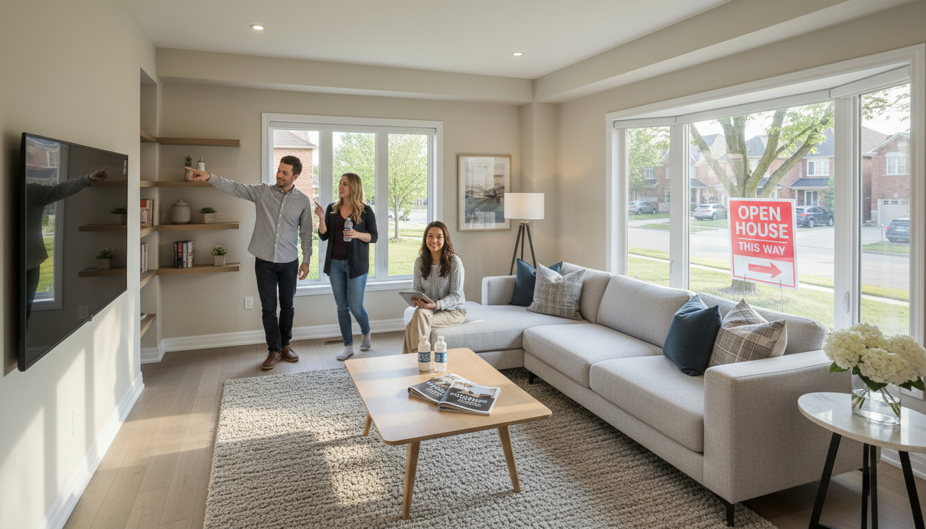Open house in a staged Milton, Ontario home with visitors and local real estate agent