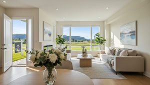 Staged Milton home interior ready for open house with sunlight, fresh flowers, and open front door