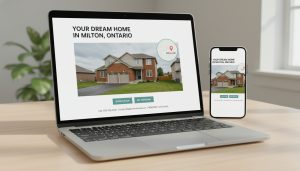 Laptop and phone showing a property landing page for a Milton, Ontario home with a visible CTA and map inset.