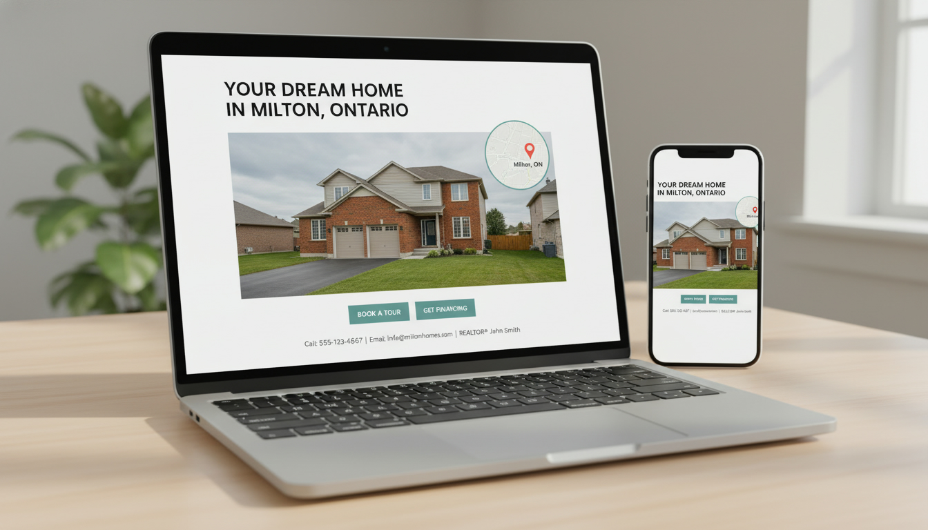 Laptop and phone showing a property landing page for a Milton, Ontario home with a visible CTA and map inset.