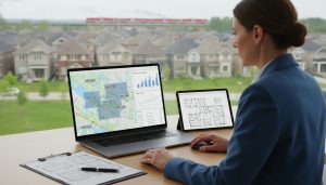 Realtor analyzing Milton ON map with price per square foot overlays and charts