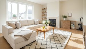 Staged Milton home interior for showing with open windows, fresh flowers, and subtle citrus bowl