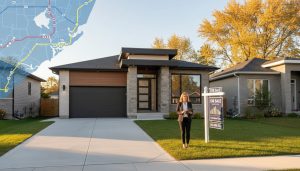 Milton Ontario detached house with For Sale sign and agent holding tablet showing market data near GO transit map overlay