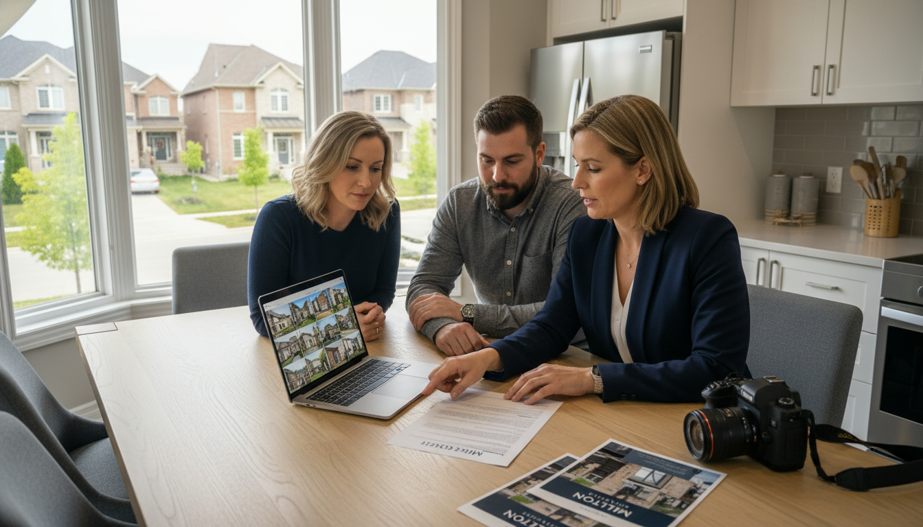 Realtor discussing a listing agreement with Milton Ontario homeowners at a kitchen table, laptop showing MLS photos