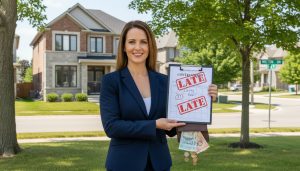 Real estate agent holding contract and calendar in front of a Milton, Ontario home, 'Late' stamp and money indicating delayed closing costs
