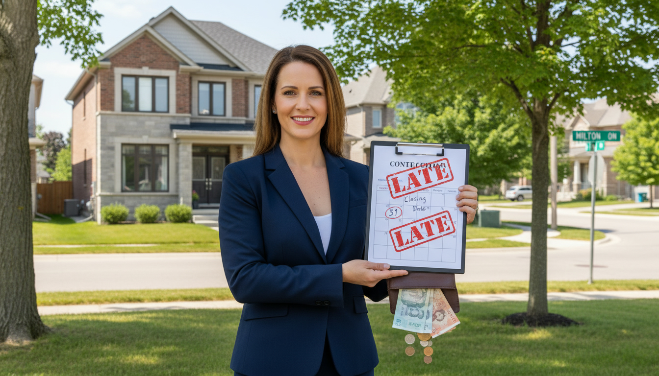 Real estate agent holding contract and calendar in front of a Milton, Ontario home, 'Late' stamp and money indicating delayed closing costs