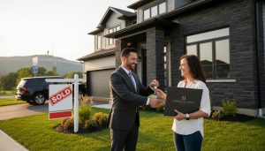 Home seller handing keys to buyer in front of a Milton, Ontario house with sold sign and legal documents visible