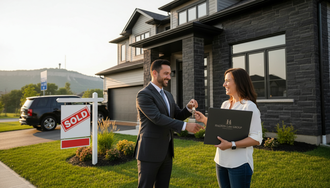 Home seller handing keys to buyer in front of a Milton, Ontario house with sold sign and legal documents visible