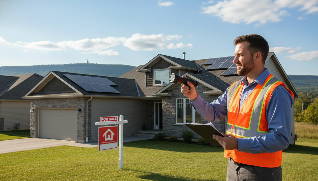 Home inspector examining a suburban Milton, Ontario house with a For Sale sign
