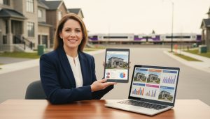 Real estate agent showcasing online listing on a tablet with Milton neighbourhood in the background