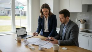 Realtor and homeowner in Milton reviewing selling paperwork, receipts and calculator on kitchen counter.