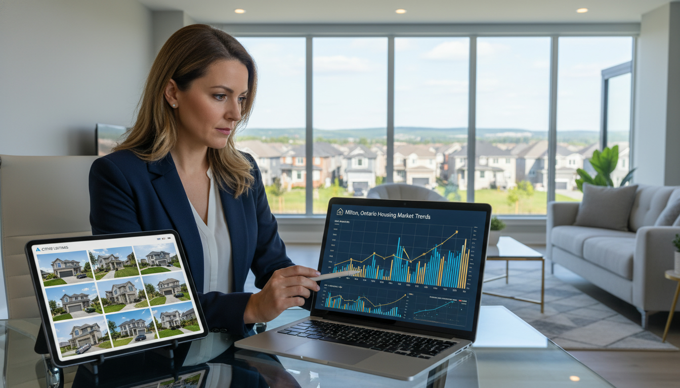 Real estate agent analyzing market charts with Milton Ontario homes visible through window.