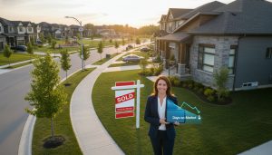 Real estate agent beside sold sign in front of a Milton, Ontario home with a graph overlay showing days-on-market falling